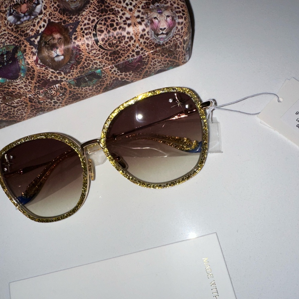 Camilla “Luxor Life” Oversized Gold Glitter Brown Gradient Boho Sunglasses - Picture 7 of 8